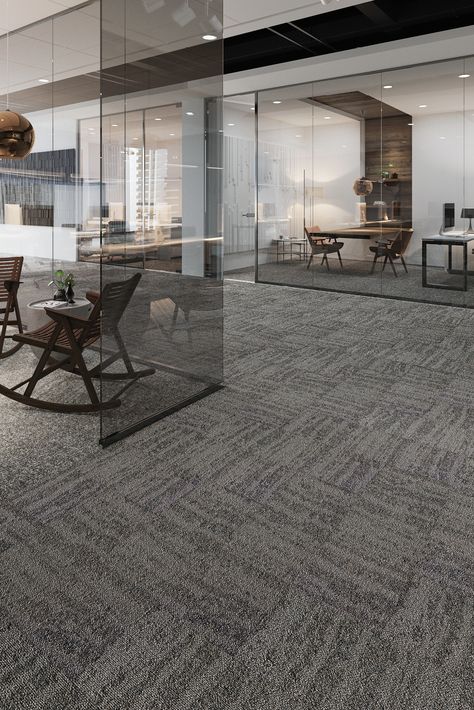 Neutral based colours of concrete, charcoal and pebble stone this carpet pattern has a larger scale cosy, sweater-like textural aesthetic. Creating an at work, home vibe with the help of the warm timber and leather furniture. The larger glass panels make for a more open space.
#office #officespace #workplace  #commercialspace #commercialflooring #flooringdesign #carpettiles #commercialcarpet
#commercialtiles #ghcommercial #mohawkgroup #australianmade Commercial Carpet Tiles, Open Space Office, Carpet Pattern, Office Carpet, Commercial Carpet, Work Home, Pebble Stone, Leather Office, Commercial Flooring