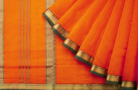 Orange self stripes saree with zari Borders on green ground and a special selvedge. Orange Green Saree, Orange Saree, Green Ground, Green Border, Green Saree, Blouse Designs, Borders, Stripes, Saree