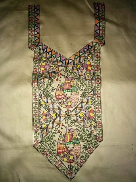 Madhubani Kurti Design, Madhubani Embroidery Designs, Kurti Drawing, Madhubani Embroidery, Madhubani Kurta, Yoke Designs, African Drawings, Bed Sheet Painting Design, Fabric Colour Painting