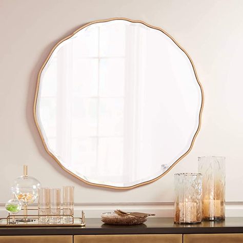 Amazon.com: Noble Park Lissa Round Vanity Decorative Wall Mirror Modern Gold Waved Edge Wood Finish Frame Round Beveled Glass 31 1/2" Wide Decor for Bathroom Bedroom Living Room Home House Office Entryway : Home & Kitchen Round Vanity, Decorative Wall Mirror, Wood Frame Construction, Circle Mirror, Metal Frame Mirror, Mirror Lamp, Gold Waves, Mirrors Edge, Living Room Mirrors