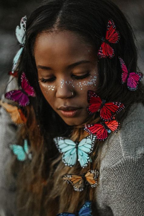 Ethereal Fairy, Butterfly Hair Accessories, Painted Feathers, Vibrant Butterfly, Butterfly Costume, Rainbow Fairies, Rainbow Hair Color, Fairy Hair, Hair Photography