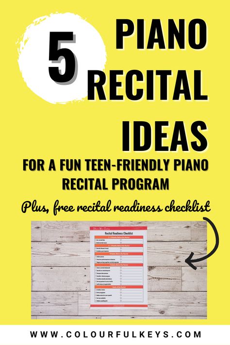 Download your free piano recital readiness checklist for easy piano recitals in your studio. Concerts should be a wonderful time for all your students to show off their skills. So how can we make our piano recitals welcoming and exciting for our teen students, too? Here are 5 ideas you can implement today that inspire and motivate teens to take the piano recital reigns. Don't forget to SAVE this pin for when you next have a piano recital in your studio so you can find this article easily. Piano Recital Program, Piano Teaching Resources, Music Teaching Resources, Kids Piano, Piano Recital, Teen Fun, Free Piano, Teaching Skills, Teaching Inspiration