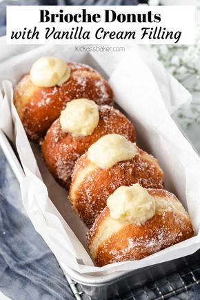 Easy Filled Donut Recipe, Donut Cream Filling Recipe, Crispy Cream Donuts Recipe, Brioche Donut Recipe, Fluffy Donut Recipe, Easy Doughnuts, Brioche Doughnuts, Vanilla Donut, Brioche Donuts