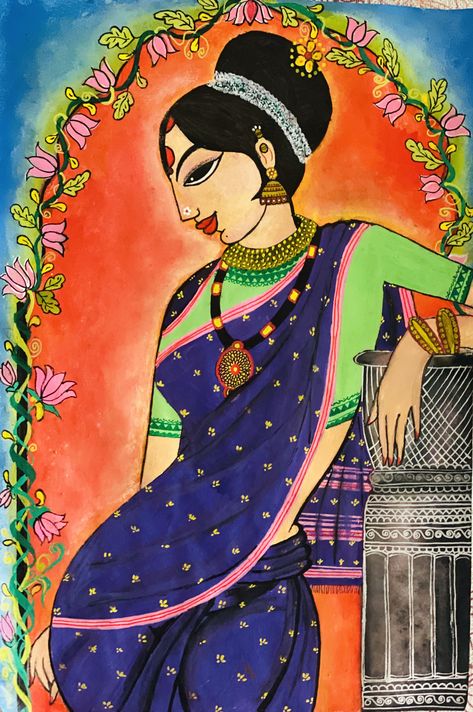 South Indian lady - Acrylic Painting Indian Women Acrylic Painting, Marathi Lady Painting, Indian Acrylic Painting Canvases, Acrylic Painting Canvas Woman, Women Acrylic Painting Canvases, Indian Folk Art Painting Madhubani, Varsha Kharatmal Paintings, Indian Lady Drawing, Indian Acrylic Painting