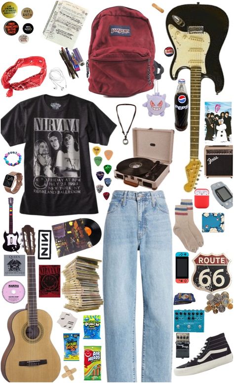 Guitar Style Fashion, Music Clothing Aesthetic, Guitar Aesthetic Outfit, 90s Indie Rock Fashion, Nirvana Grunge Aesthetic, Grunge Indie Fashion, Guitar Outfit Style, Music Inspired Outfits, Nirvana Style Outfits