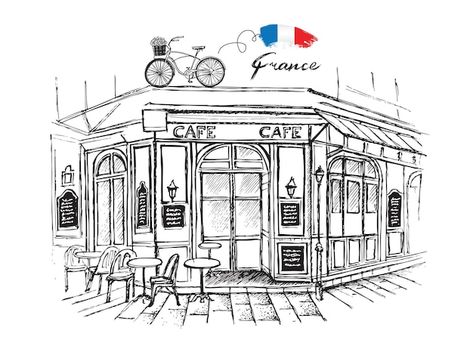 Paris Cafe Sketch, French Sketches Illustrations, Cafe Sketch Coffee Shop, Café Drawing, French Sketches, Cafe Drawings, Restaurant Drawing, Cafe Sketch, Cafe Drawing