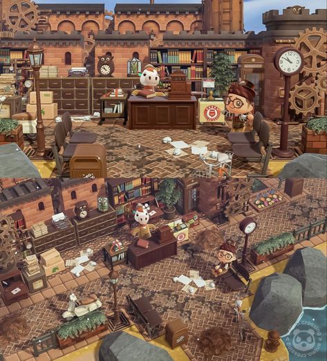 Animal Crossing Island Inspiration Dark Academia, Steampunk Animal Crossing, Animal Crossing Dark Academia, Acnh Steampunk, Steampunk Island, Acnh Dark Academia, Acnh Castle, Achn Ideas, Fall Acnh