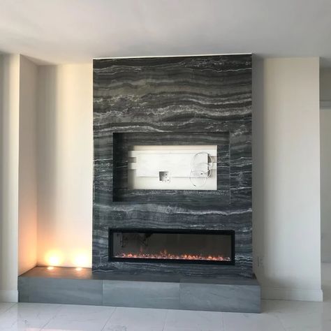 Linear Fireplace With Hearth Tv Wall - Photos & Ideas | Houzz Linear Fireplace With Hearth, Wall Pictures Ideas, Fireplace With Hearth, Linear Fireplace, Marble Frame, Desert Homes, Grey Tiles, Home Fireplace, Wall Pictures