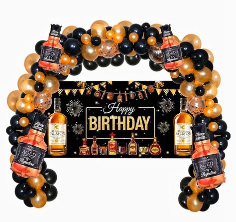 Whiskey Themed Balloon Garland Arch Kit -- Totally 89PCS balloons, including 80Pcs Black champagne gold Balloons, 5Pcs 12" champagne Gold confetti Balloons, 4Pcs Whiskey Bottle Balloon, 1Pc 5M Balloon Chain 1 Roll Glue Dot. Perfect for Whiskey Themed Party Decorations - This balloon garland suits for mupltile themed party and occasions, perfect for whiskey themed birthday party, Cheers and Beers theme party, Aged to Perfection themed party, retirement party, anniversary celebrations, vintage dude party and bachelor party, etc. Premium Quality - Our Whiskey themed balloon garland are made of high quality thicker latex, worries free, durable for decorations, with vibrant colors and your guests will definitely like the interesting ambiance of your party. Easy to Assemble - Simply inflate your Whiskey Themed Birthday Party, Vintage Dude Party, Balloon Chain, Gold Confetti Balloons, Beer Theme, Garland Arch, Arch Kit, Gold Confetti, Gold Balloons