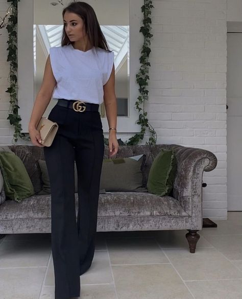 Because of alice suit trousers, white top, gucci belt, ysl bag Gucci Belt Wide Leg Jeans, Gucci Fitted Wide Leg Pants, Chic Gucci Trousers, Because Of Alice, Chic Gucci Wide-leg Bottoms, Luxury Gucci Trousers, Gucci Belt Outfit, Belt Outfit, Trousers White