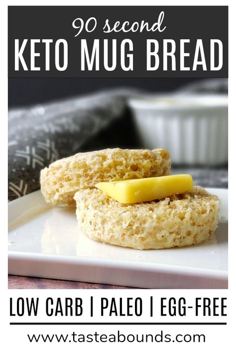 This 90 second keto mug bread is a delicious, nutritious and super easy way to satisfy your craving for bread on a low carb diet! The ingredients are keto, paleo, and vegan-friendly since there's no eggs, making this recipe the perfect solution for those with an egg allergy. Keto Bread No Eggs, Keto Bread Without Eggs, 90 Second Keto Bread Recipes, Eggless Keto Bread, Mug Bread Keto, 90 Second Keto Bread In A Mug, Low Carb Breakfast No Eggs, Healthish Snacks, Mug Bread