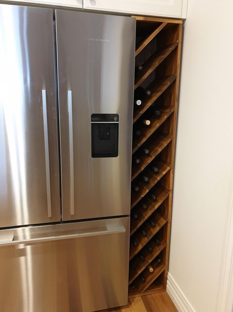 DIY wine rack to fill space next to fridge (updated) - Album on Imgur Space Next To Fridge, Diy Wine Rack Design, Wine Rack Inspiration, Diy Wine Rack Projects, Wine Rack Projects, Wine Rack Plans, Wine Rack Design, Cocina Diy, Kitchen Wine Rack