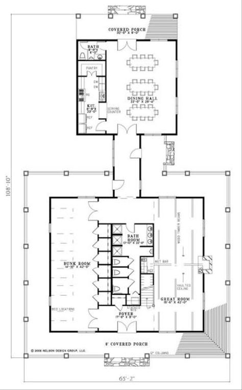 Country Style House Plan - 10 Beds 3.5 Baths 4134 Sq/Ft Plan #17-652 - Houseplans.com Dog Trot Floor Plans, Bunkhouse Plans, Lodge Floor Plans, Container Apartments, Camp Plans, Cabin Blueprints, Dog Trot House Plans, Hunting Ranch, Multigenerational House Plans