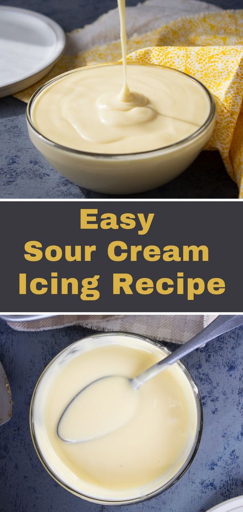 This sour cream icing recipe is so easy to make. You only need a few simple ingredients and you can whip it up in less than 5 minutes. It is a great icing for Bundt cakes, cinnamon rolls, muffins, quick breads and more. Sour Cream Glaze, Sour Cream Icing Recipe, Bundt Glaze, Icing Glaze Recipe, Cream Icing Recipe, Sour Cream Icing, Icing Glaze, Sour Cream Uses, Fruit Sauces