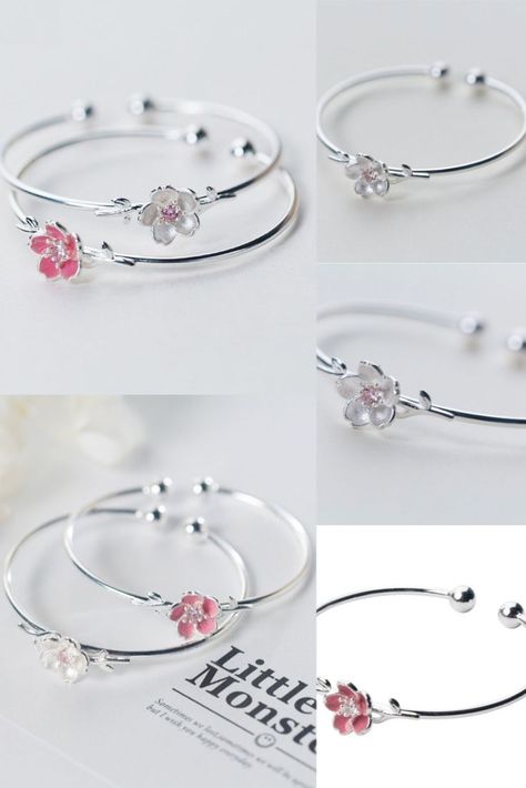 Sweet Silver Flower Cherry Open Bracelet Jewelry Gift For Her Adjustable Bangle Hand Bracelets, Silver Bracelet Designs, Buy Earrings Online, Girls Bracelet, Open Bracelet, Pretty Jewelry Necklaces, Fancy Jewellery Designs, Silver Bracelets For Women, Gold Jewelry Stores