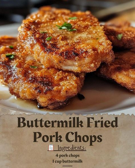 Savor the Ultimate Comfort: Buttermilk Fried Pork Chops You Need to Try 🍽️ Looking for a delicious, home-cooked meal that hits all the right notes? These Buttermilk Fried Pork Chops are crispy, juicy, and packed with flavor! Perfect for a cozy dinner night or impressing guests with a mouth-watering dish. What You'll Need: 4 thick-cut pork chops 1 cup buttermilk (for that rich, tangy flavor) 1 cup all-purpose flour (the key to the perfect crisp!) 1 teaspoon paprika (for a smoky kick) 1 teas... Cornflake Crusted Pork Chops, Buttermilk Fried Pork Chops, Buttermilk Pork Chops, Chicken Fried Pork Chops, Deep Fried Pork Chops, Southern Fried Pork Chops, Fried Pork Chop Recipes, Thick Cut Pork Chops, Food Fest