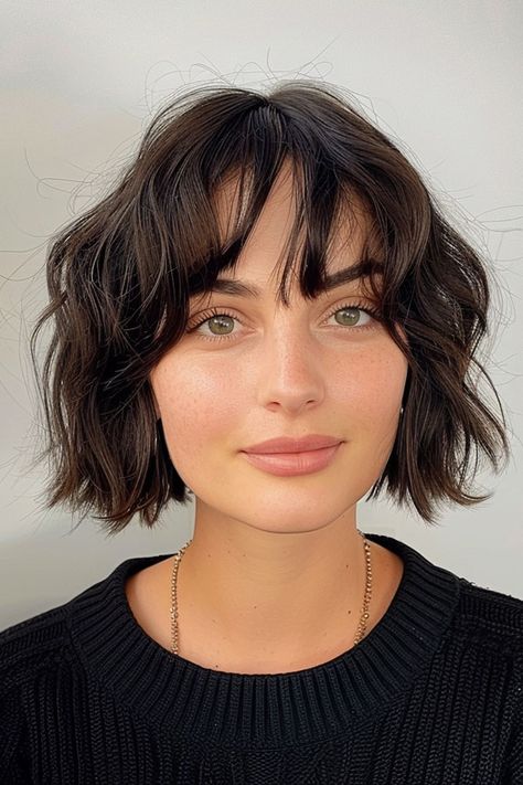 33 Chic Parisian French Bob Haircuts : Dark Brown Soft Wavy Hair French Bob Dark Hair, Bob Wavy Haircut, Baroque Bob Hair 2024, Short Wavy French Bob, Dark Hair Bob With Bangs, Bob With Wavy Hair, Wavy Hair Bob With Bangs, Brown French Bob, Bob Haircut Wavy Hair