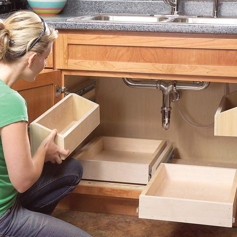 Kitchen Cabinet Storage Solutions: DIY Pull Out Shelves Diy Pull Out Shelves, Oak Kitchen Remodel, Kitchen Cabinet Storage Solutions, Organiser Cucina, Ikea Kitchen Remodel, Cabinet Storage Solutions, Kitchen Sink Organization, Cheap Kitchen Cabinets, Diy Kitchen Projects