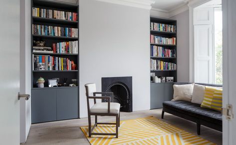 Dark grey modern alcove shelves in a traditional Victorian living room Living Room Knock Through, Alcove Ideas Living Room, Alcove Shelves, Alcove Cabinets, Alcove Storage, Alcove Cupboards, Alcove Shelving, Living Room Dark, Victorian Living Room