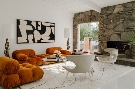 Desert Modernism, Eclectic Flair: Matt Sorum’s Palm Springs Oasis : Brizo Palm Springs Home, Togo Sofa, Colorful Abstract Art, Abstract Canvas Art, Abstract Oil, Oil Painting Abstract, Abstract Canvas, Palm Springs, Midcentury Modern