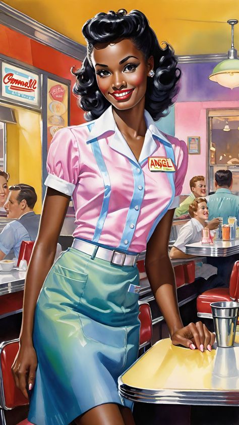 Black Pinup Models, Pin Up Girl Art, Elegant Black Women, Diner Aesthetic, 1980s Tv, Black Pinup, Black Pin Up, 50s Pin Up, Art Deco Artists