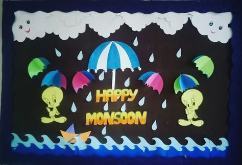 Rainy Day Board Decoration Ideas, Rainy Day Bulletin Board Ideas, Monsoon Board Decoration Ideas, Rainy Season Bulletin Board Ideas, Rainy Season Board Decoration Ideas, Softboard Decoration Ideas, Nursery Class Decoration, Rainy Day Drawing, Soft Board Decoration