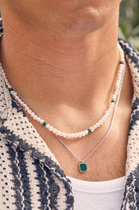 Strung with freshwater pearls and malachite gemstones, wear yours as a solo statement or layered with other styles to tell your own story. Details The necklace measures 55cm. Mens Stone Necklace, Men’s Jewellery, Mans Jewellery, Stone Necklace For Men, Male Jewellery, Necklace Gift Packaging, Guy Jewelry, Pearl Necklace Men, Rose Jam