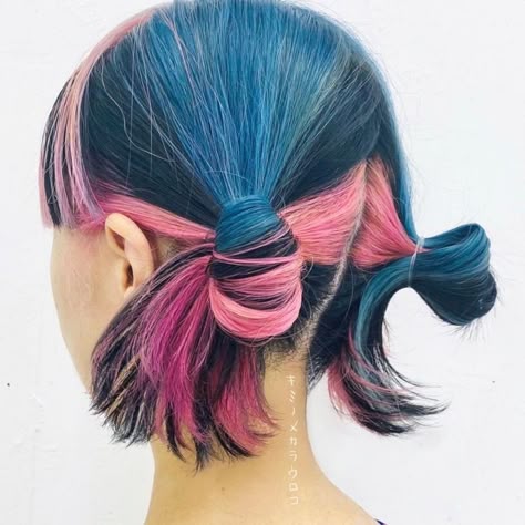 Black Blue And Pink Hair, Blue Color Block Hair, Blue Pink Hair, Pink Black Hair, Pink And Blue Hair, Blue And Pink Hair, Peinados Fáciles Para Cabello Corto, Heart Hair, Haircut And Color