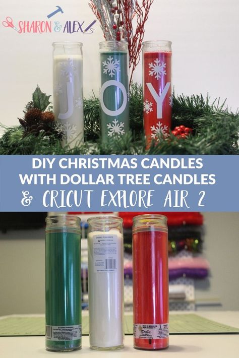 Put a little joy into your Christmas decor with these cute Christmas candles using $1 jar candles from the Dollar Tree and Cricut Exlore Air 2 (or Maker!). It's so easy to do! #cricut #christmascrafts #crafts #candles Dollar Tree Candle Svg, How To Decorate Candles For Christmas, Diy Dollar Store Christmas Candles, Vinyl On Candles, Dollar Tree Candles Cricut, Dollar Tree Candles Diy, Dollar Tree Christmas Candles, Dollar Tree Candle Crafts, Christmas Cricut Crafts