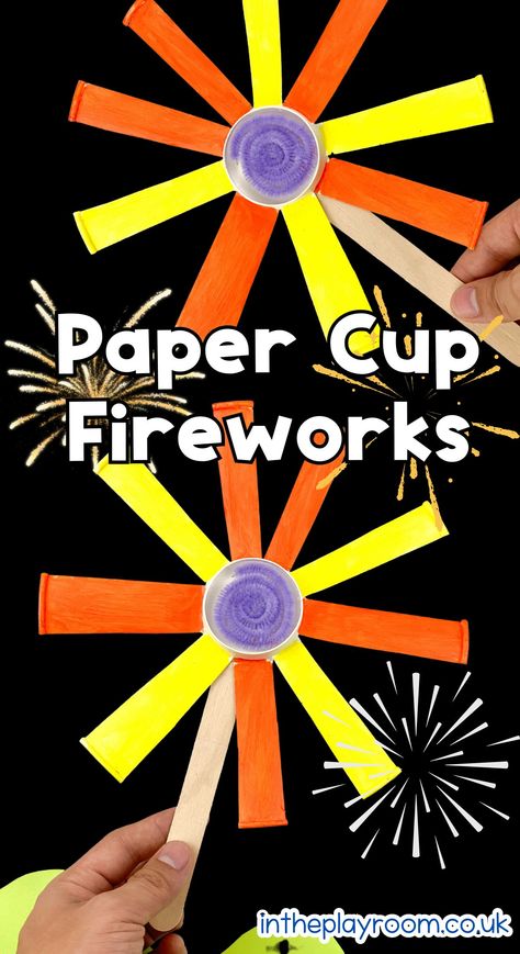 Easy Paper Cup Fireworks Craft - In The Playroom Firework Crafts For Kids, Firework Crafts, Firework Craft, Chinese New Year Fireworks, Chinese Fireworks, Patriotic Decorations Diy, Fireworks Craft For Kids, New Year's Eve Crafts, Camping Crafts For Kids