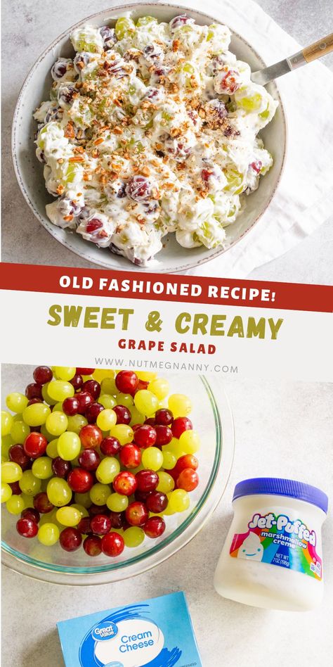 This sweet grape salad is packed full of green and red grapes and made with cream cheese and marshmallow fluff. This is super delicious and perfect for summer BBQs. Cream Cheese And Marshmallow Fluff, Marshmallow Salad, Grape Dessert, Summer Desserts For A Crowd, Grape Salad Recipe, Marshmallow Fluff Recipes, Fruit Dips, Easy Fruit Salad Recipes, Salad Cream