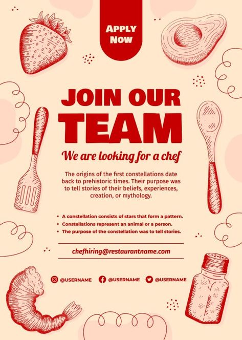 Hand-drawn Linear We're Looking For A Chef Poster For Hire Poster, Hiring Poster Restaurant, We’re Hiring Poster, Were Hiring Poster, Restaurant Event Poster, Marketing Poster Ideas, Hiring Poster Design Ideas, Hiring Poster Creative, Baker Job