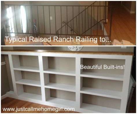 When my husband and I started looking for homes I knew I didn’t want a raised ranch, but here in NY they are pretty much the norm. I thought that they were all the same, predictable and just blah. Well of course when my husband found our home online and we went to see … Banister Shelves, Alternative Banister Ideas, Top Of Stairs Upstairs Landing Railings, Entryway Raised Ranch, Split Level Entry Chandelier, Railing Replacement Ideas, Banister Alternatives, Bookshelf Banister, Railing Alternatives