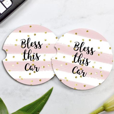 This set of 2 car coasters will add a touch of coziness to your car or trucks cup holder.  Car coasters are made from sandstone to absorb any moisture. Handy divot makes removing for cleaning so simple. Car coasters measure approx 2.5 circle and and 1/4 thick. Fits most cars - If a 12 oz. soda can Music Scrapbook, Coasters Personalized, Magnet Ideas, Coaster Ideas, Epoxy Ideas, Gold Car, Cool Car Accessories, Personalized Car, Glitter Photo