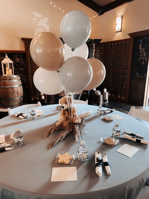 Bear Theme Table Centerpieces, We Can Bearly Wait Boho Centerpieces, Pampas Grass Teddy Bear Centerpiece, Teddy Bear And Pampas Centerpiece, Teddy Balloon Centerpiece, Centerpieces For Work Event, Teddy Bear Table Decorations, Bear Table Centerpiece, We Can Bearly Wait Centerpieces