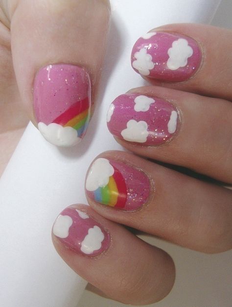 Kid Rainbow Nails, Easter Nail Ideas, Nails Rainbow, Kids Nail Designs, Girls Nail Designs, Neon Nail Art, Rainbow Nails Design, Cloud Rainbow, Rainbow Nail Art