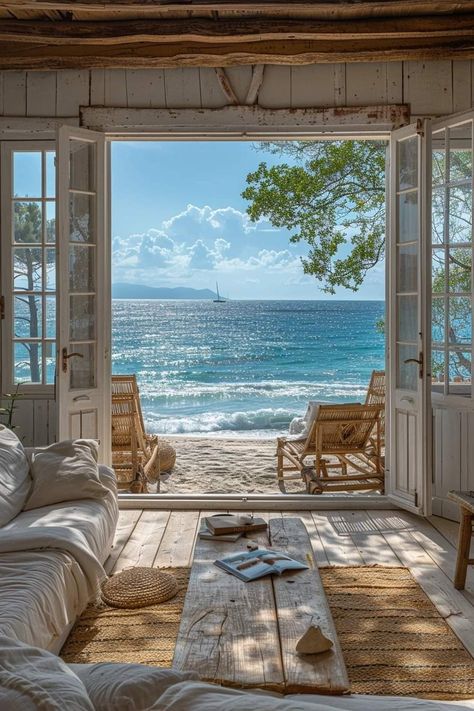 Beach Front Property, Beach Front House Aesthetic, Home On The Water, Cottage Core Beach House, Beach Aesthetic House, Summer Beach House Aesthetic, Old Beach House Aesthetic, Beach Cottage Aesthetic, Italian Beach House