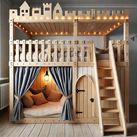 A fun DIY bunk bed with a built-in fort, complete with a slide, cozy lighting, and playful accents for endless imaginative play. Perfect for adventurous kids! Bunk Bed Slide Diy, Diy House Bunk Bed, Bunkbed Boys Room Ideas, Bunk Bed Hacks, Treehouse Bed, Diy Kids Bed, Cozy Lighting, Girl Bed, Diy Bunk Bed