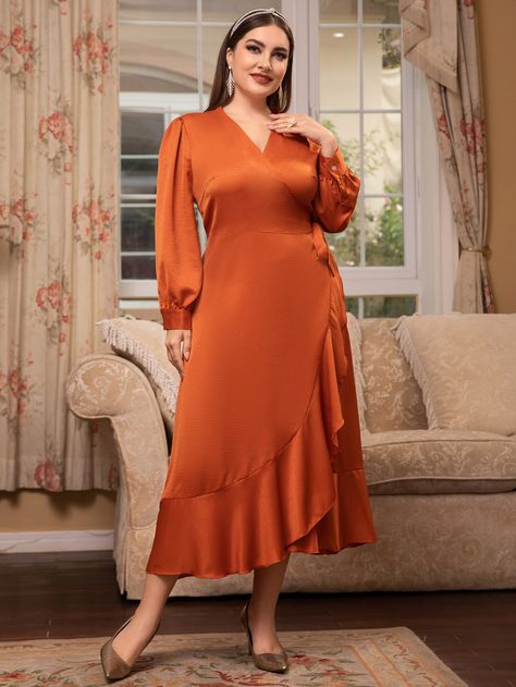 Burnt Orange Elegant  Long Sleeve Polyester Plain A Line Embellished Non-Stretch Spring/Fall Plus Size Dresses Outfit Modest, Fall Plus Size, Modest Summer Outfits, Fall Wedding Guest Dress, Ruffle Hem Dress, Dress Plus Size, Hem Dress, Beautiful Dress, Ruffle Hem