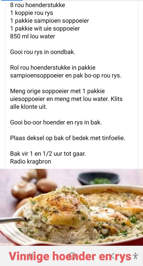 Eenskottel Hoender Geregte, Kook En Geniet Resepte, Eenskottel Geregte, Hoender Geregte, Vleis Geregte, Hoender Resepte, Kfc Chicken Recipe, Afrikaanse Resepte, Chicke Recipes