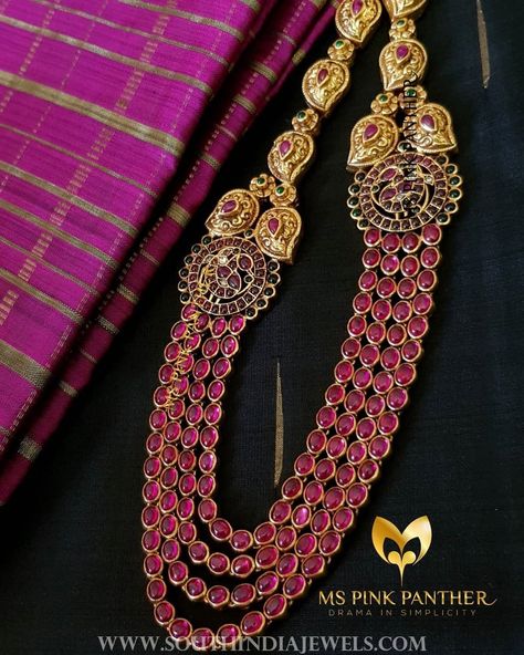 Gold+Plated+Ruby+Haram+With+Side+Locket #GoldJewelleryRoyal Kempula Haram Designs, Ruby Haram, Pretty Choker Necklace, Haram Designs, Long Stone Necklace, Simple Silver Jewelry, Handmade Gold Jewellery, Silver Rings With Stones, Silver Jewelry Design