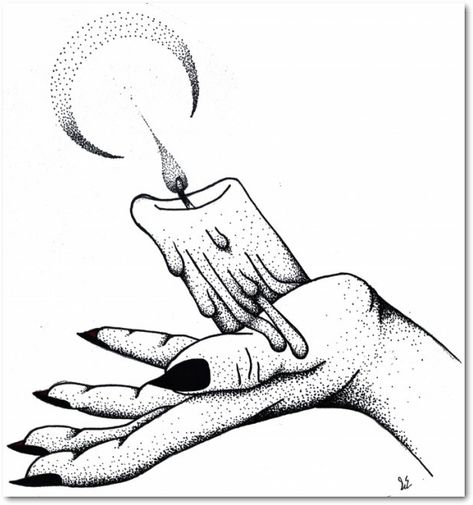 Black and white dotwork. #candle #hand #flame #spiritual #blackandwhite #melt #melting #wax #light #pointillism Candle Tattoo Design, Mujeres Tattoo, Candle Drawing, Simpsons Drawings, Candle Tattoo, Cartoon Character Tattoos, Flame Art, Spooky Tattoos, Line Art Tattoos