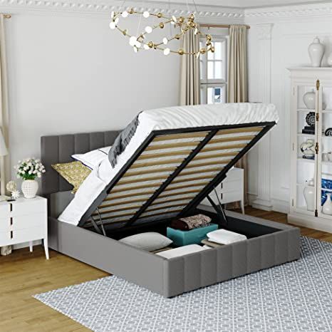 Queen Size Upholstered Platform Bed with Storage Underneath, Queen Bed with Headboard and Gas Lift Up Storage, Wooden Bed Frame with a Hydraulic Storage System– Gray Store Comforters, Declutter Room, Wood Queen Bed Frame, Hydraulic Bed, Wood Queen Bed, Target Furniture, Room Fragrance, Wooden Platform Bed, Queen Size Platform Bed