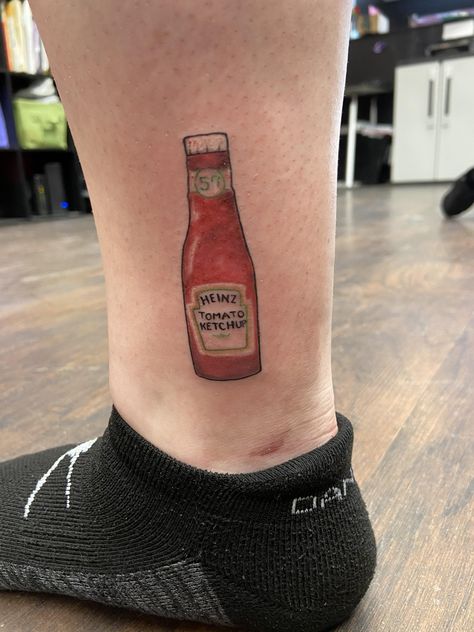 Heinz ketchup bottle by Victoria Cabral at Cold Heart Tattoo Co in Windham Maine Heinz Ketchup Tattoo, Ketchup And Mustard Tattoo, Heinz Tattoo, Ketchup Bottle Tattoo, Cold Heart Tattoo, Ketchup Tattoo, Maine Tattoos, Tattoo Eye, Tattoo Artists Near Me