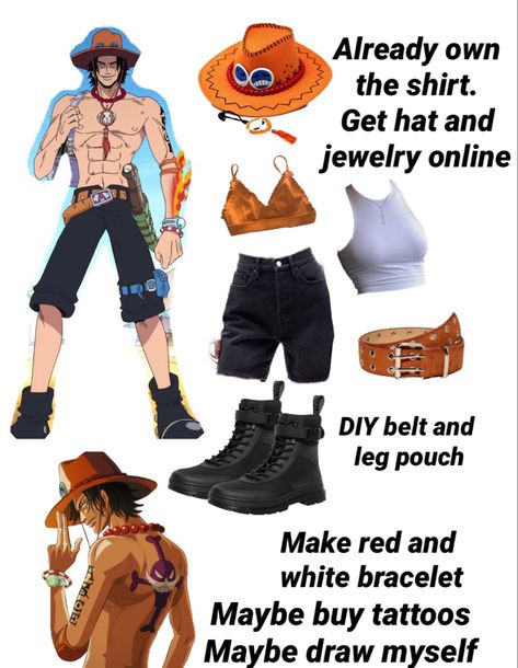 Ace Outfit One Piece, One Piece Anime Cosplay, Female Ace One Piece Cosplay, Summer Cosplay Ideas, Doujin Outfit, Simple Anime Cosplay Outfits, Ace Female Cosplay, One Piece Outfit Ideas Anime, Simple Anime Cosplay