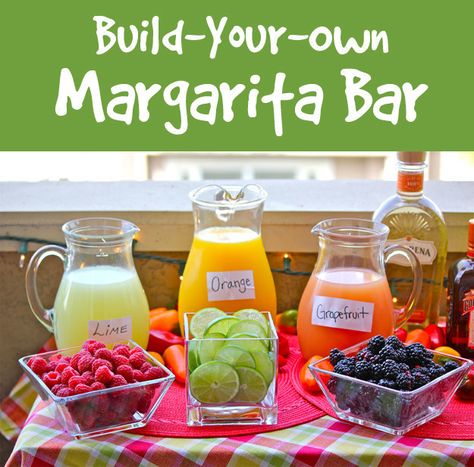 Build your own margarita bar:   INGREDIENTS TO SET OUT: tequila / raspberries, blackberries, and strawberries / Fresh squeezed juices like grapefruit, lime, mango, and orange / hot sauce / sliced limes / simple syrup (simmer equal parts water and sugar 2 minutes then cool) / kosher salt / ice Diy Cocktail Bar, Margarita Party, Margarita Bar, Diy Cocktails, Fresh Squeezed Juice, Drink Bar, Taco Party, Diy Drinks, Cocktails Bar