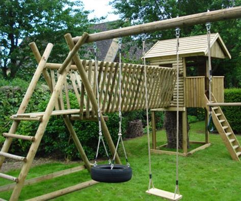 Wooden adapted Single Tower for the garden | Caledonia Play UK Hillside Playground, Playground Backyard Diy, Playground Backyard, Backyard Fort, Playground Landscaping, Garden Playhouse, Wooden Playground, Kids Backyard Playground, Climbing Frames