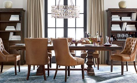 Pottery Barn Dining Room, Living Room Furniture Recliner, Furnitur Ruang Keluarga, Extending Dining Table, Leather Chairs, Ideas Living Room, Pedestal Dining Table, Rectangular Dining Table, Extendable Dining Table