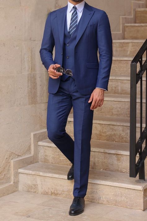 Redefine classic elegance with our Blue Slim-Fit Suit 3-Piece. The slim-fit silhouette and navy blue color make it a wardrobe essential for the modern gentleman. Embrace tailored excellence and make every occasion special.  #suit #suits #bluesuit #slimfit #singlebreasted #formalwear #menattire Navy Blue Men Suit, Blue Slim Fit Suit, Mens Tailored Suits, Suit Styles, Double Breasted Tuxedo, Suit Stores, Blue Suit Men, Slim Fit Suit Men, Mens Tailor