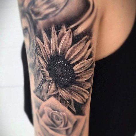 Jade - Garage Ink Sunflower Rose Tattoo Sleeve, Roses Sunflowers Tattoo, Sunflower Rose Tattoo Shoulder, Manly Sunflower Tattoo, Men Sleeve Tattoos, Masculine Sunflower Tattoo, Men Arm Tattoos, Arms Tattoos, Tattoo Men Sleeve